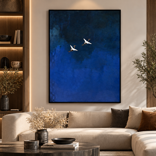 Midnight Blue Flying Cranes – Minimalist Bird Wall Art