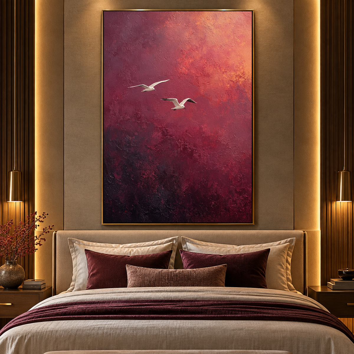Rosewood Sunset Twin Birds – Minimalist Canvas Wall Art