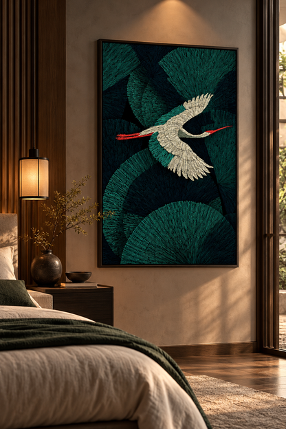 Emerald Feather Crane – Contemporary Bird Canvas Art