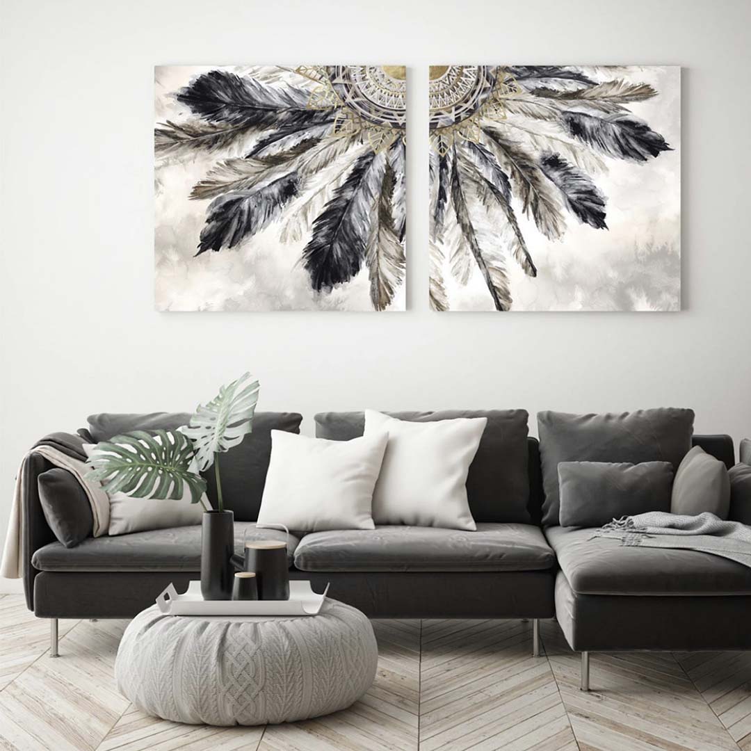 NECKLACE OF FEATHERS – 2 PANEL SET- FLORAL WALL ART