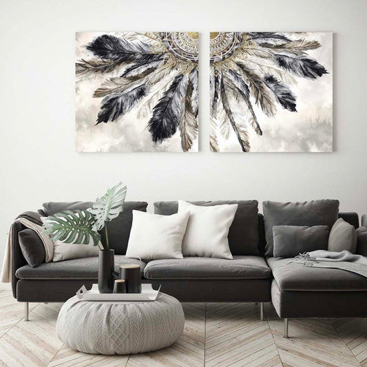 NECKLACE OF FEATHERS – 2 PANEL SET- FLORAL WALL ART