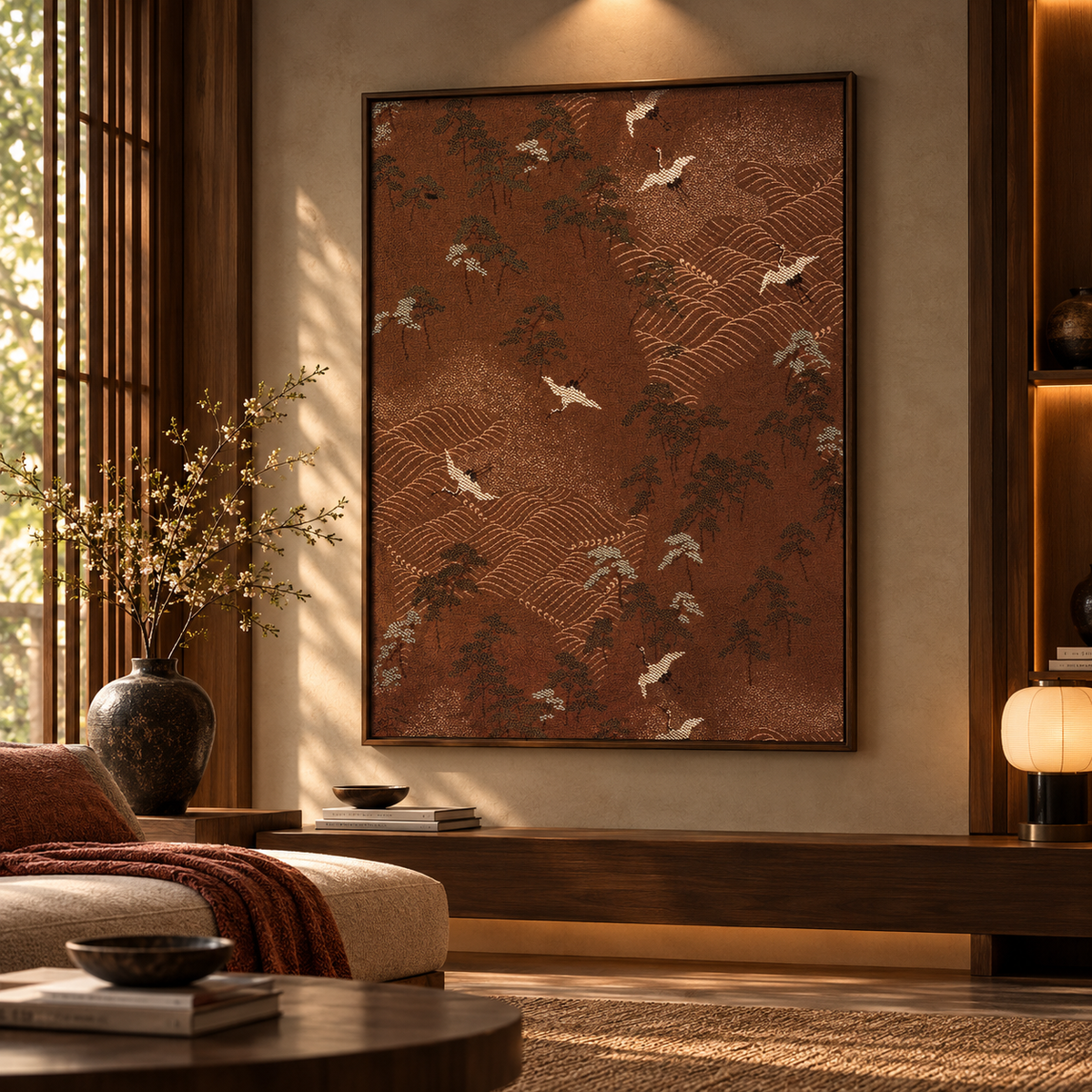 Terracotta Crane Landscape – Japanese Nature Wall Art