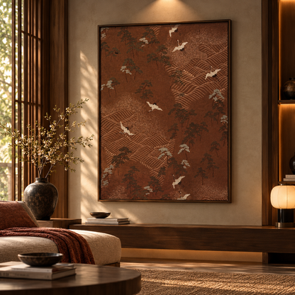Terracotta Crane Landscape – Japanese Nature Wall Art