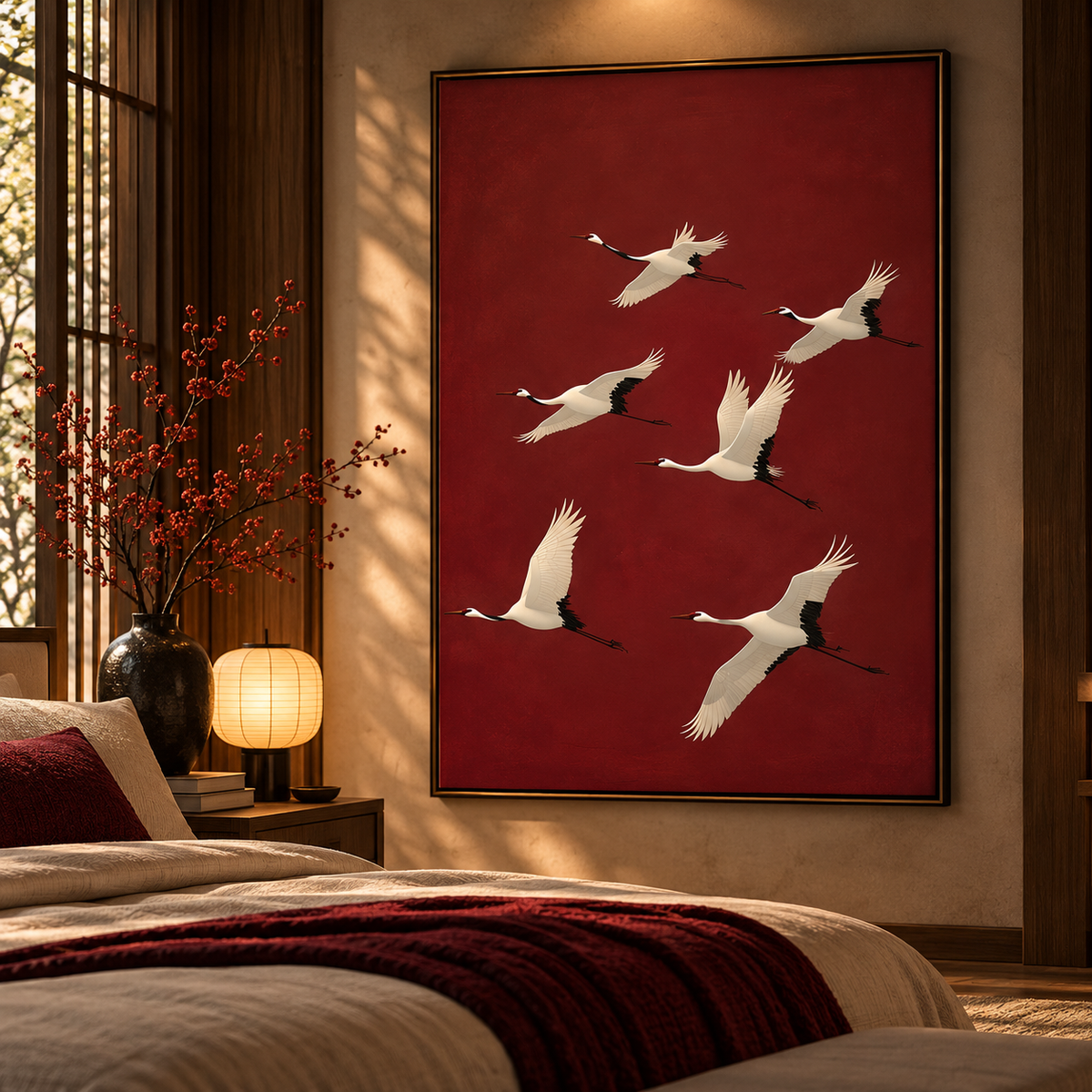 Red Sky Crane Flock – Japanese Inspired Canvas Art