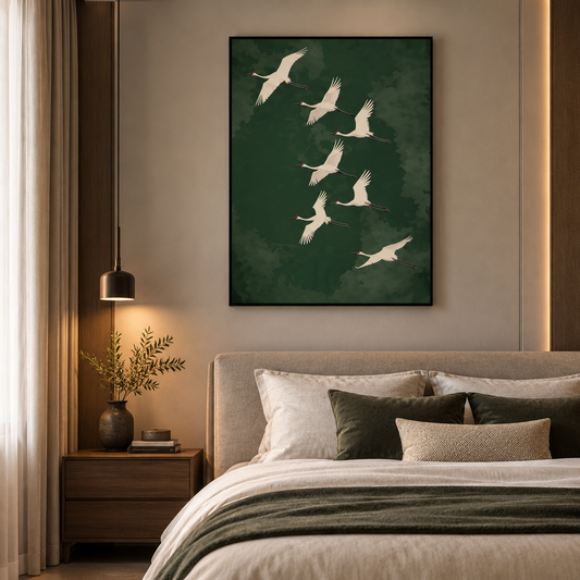 Emerald Green Seven Cranes – Elegant Bird Canvas Art