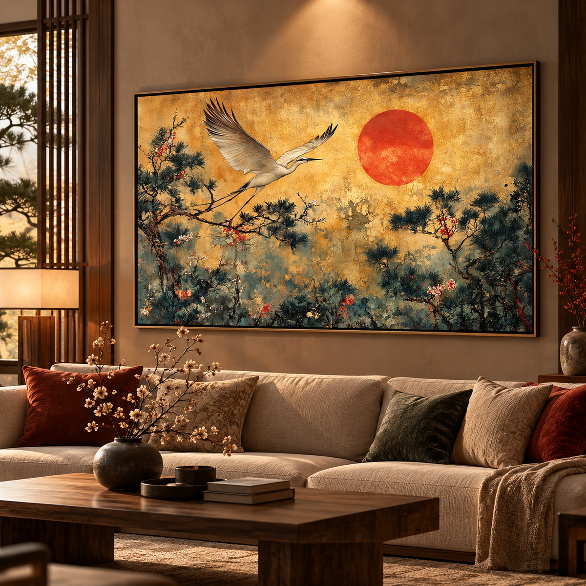 Vintage Golden Sun Crane – Oriental Landscape Wall Art