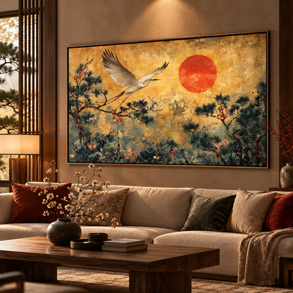 Vintage Golden Sun Crane – Oriental Landscape Wall Art
