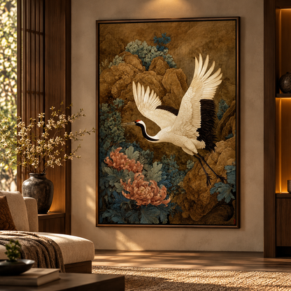 Golden Floral Crane – Vintage Oriental Canvas Art