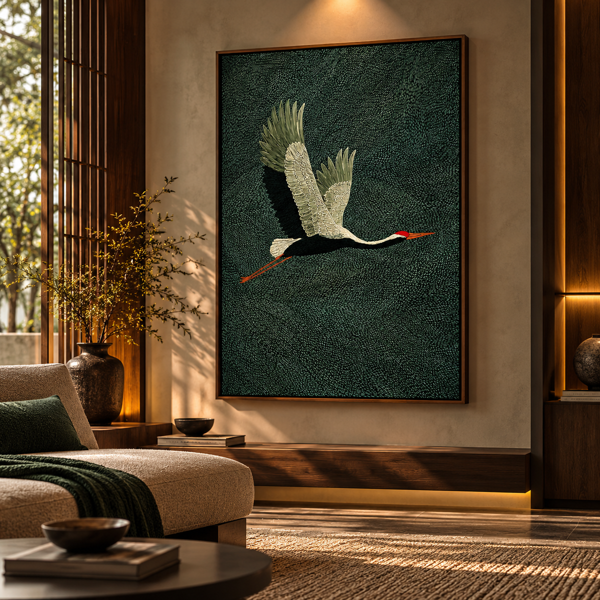 Jade Green Flying Crane – Textured Japanese Wall Art
