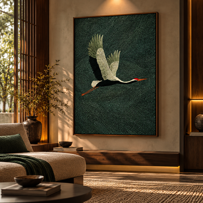 Jade Green Flying Crane – Textured Japanese Wall Art