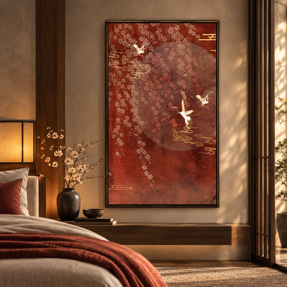 Japanese Blossom Cranes – Vintage Beige Canvas Art