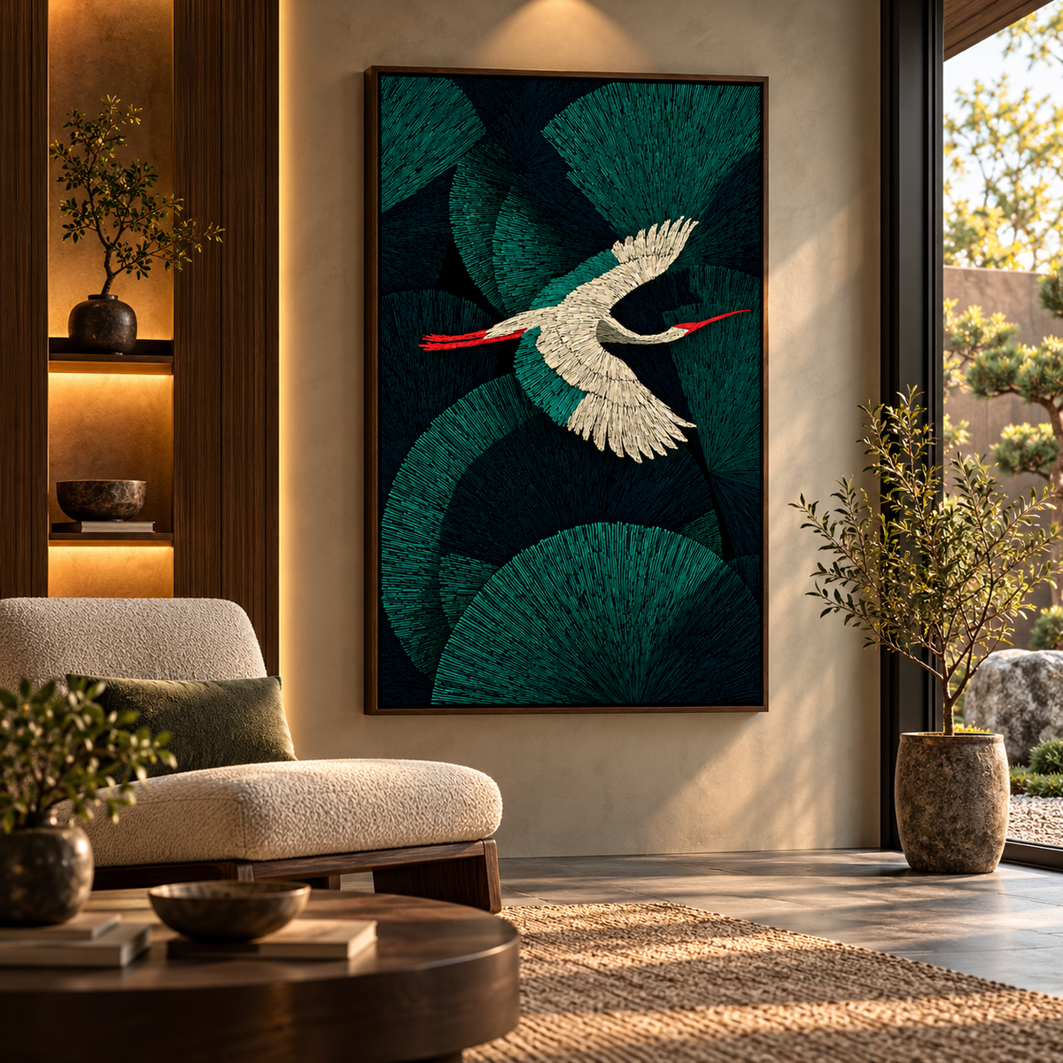 Emerald Feather Crane – Contemporary Bird Canvas Art