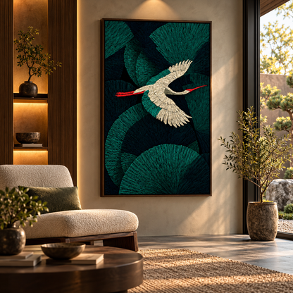 Emerald Feather Crane – Contemporary Bird Canvas Art