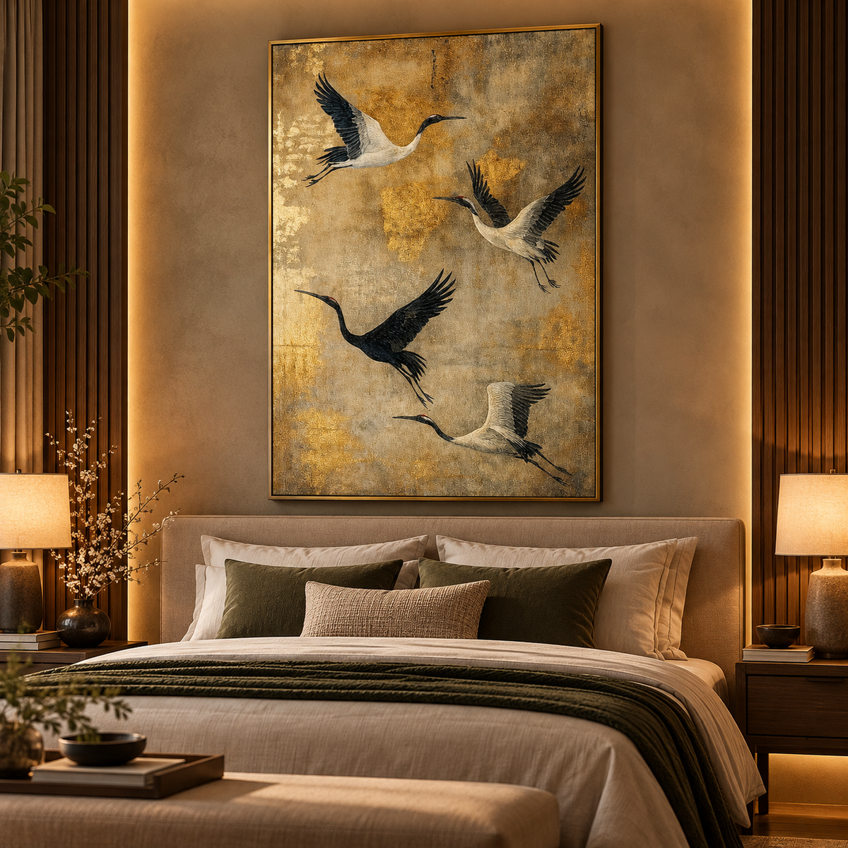 Golden Mist Four Cranes – Elegant Bird Wall Art