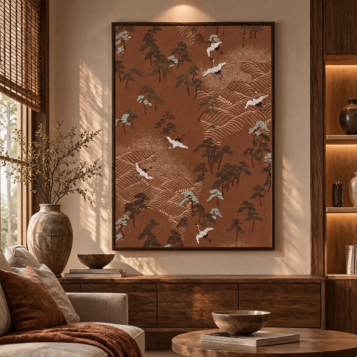 Terracotta Crane Landscape – Japanese Nature Wall Art