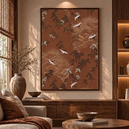 Terracotta Crane Landscape – Japanese Nature Wall Art