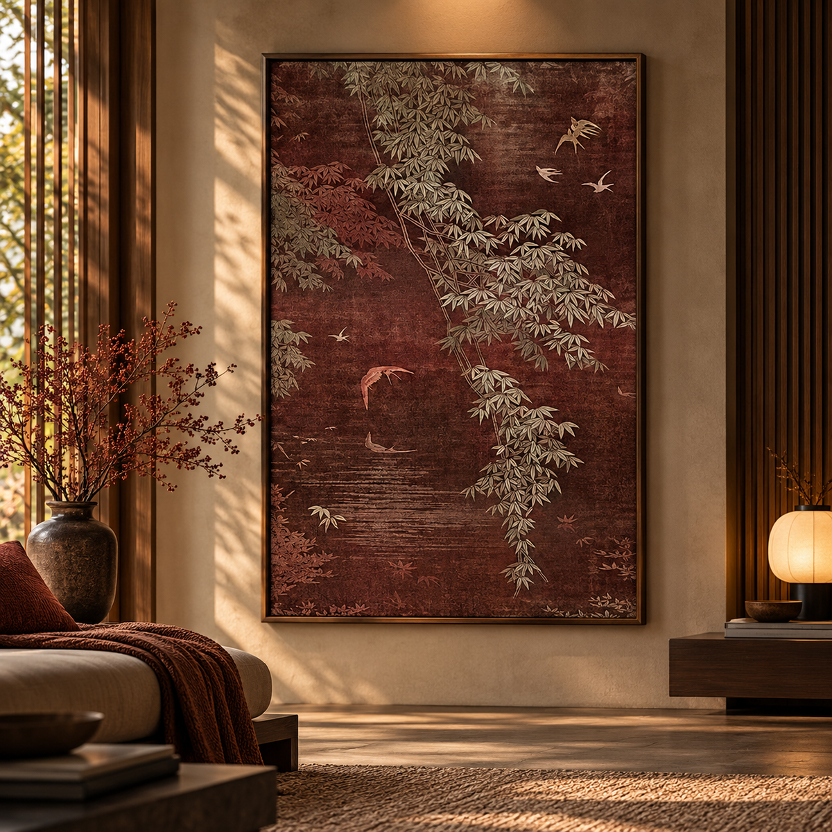 Vintage Bamboo Crane Garden – Rustic Nature Wall Art