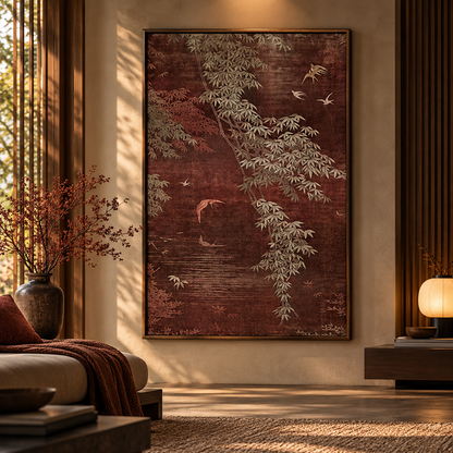 Vintage Bamboo Crane Garden – Rustic Nature Wall Art