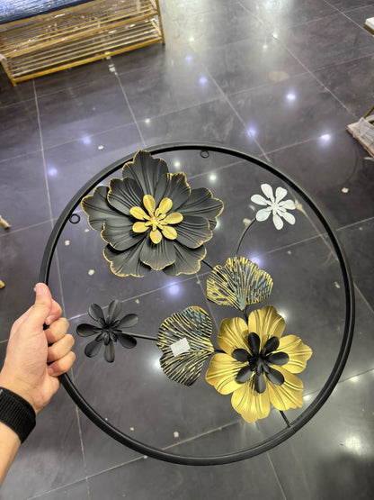 Black & Gold Floral Elegance 3D Metal Wall Art – Round Frame