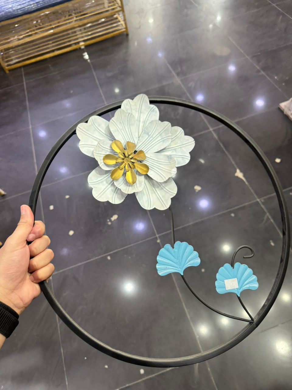 Aqua Bloom Circular Metal Wall Art