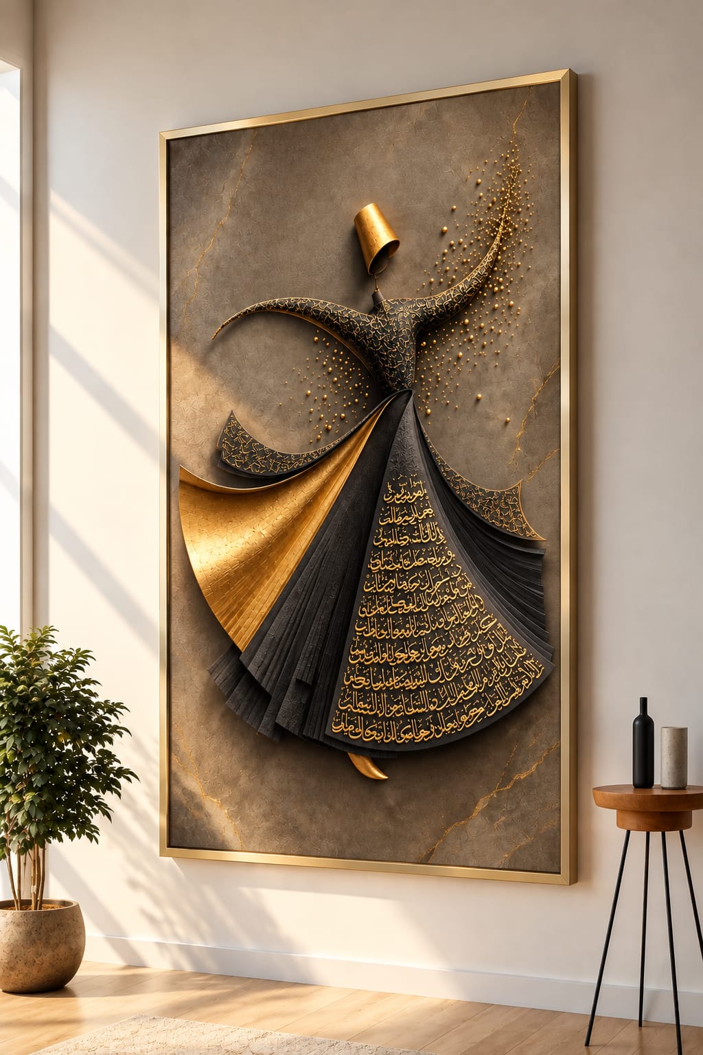 Whirling Dervish Dance Canvas, Arabic Calligraphy Wall Art, Spiritual Sufi Art GOLD EDITION