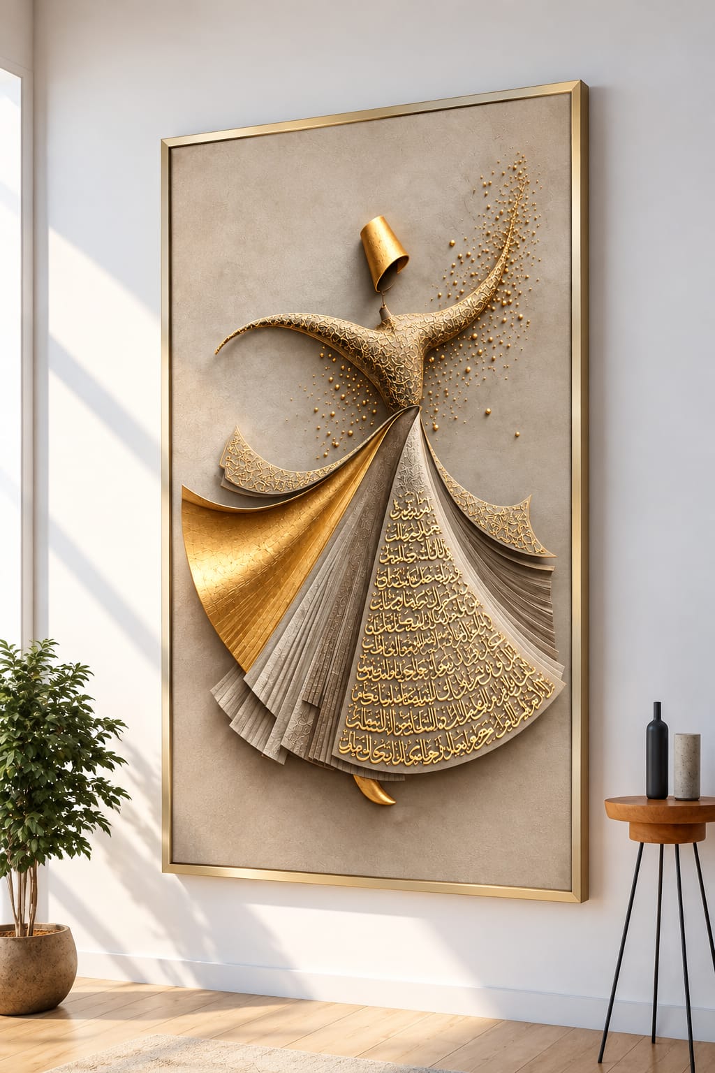 Whirling Dervish Dance Canvas, Arabic Calligraphy Wall Art, Spiritual Sufi Art WHITE EDITION