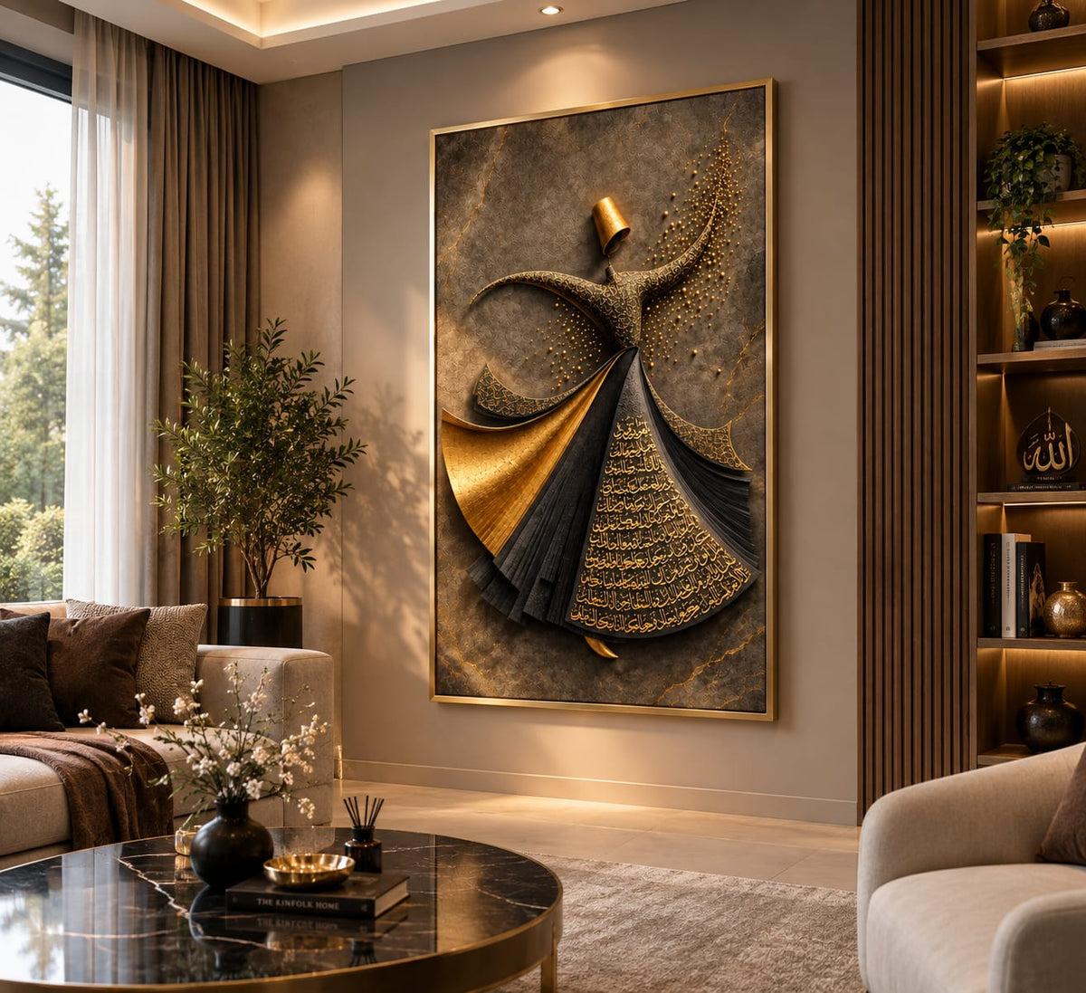 Whirling Dervish Dance Canvas, Arabic Calligraphy Wall Art, Spiritual Sufi Art GOLD EDITION