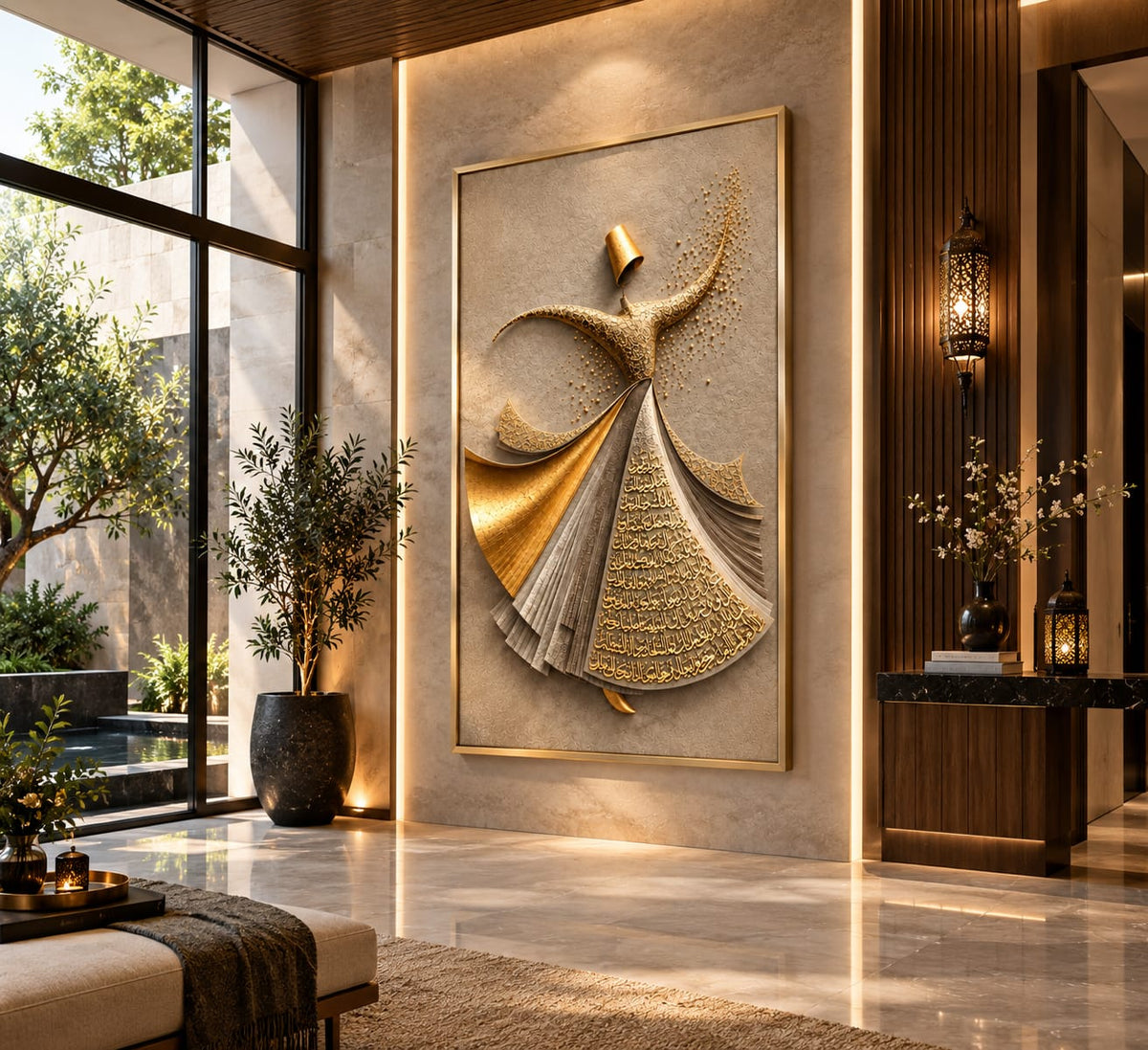 Whirling Dervish Dance Canvas, Arabic Calligraphy Wall Art, Spiritual Sufi Art WHITE EDITION
