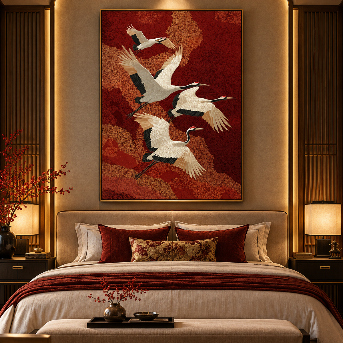 Imperial Burgundy Four Cranes – Japanese Luxury Wall Art
