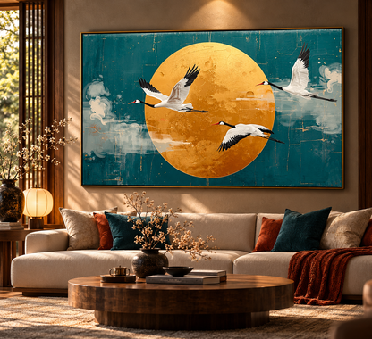 Turquoise Sky Golden Sun Cranes – Modern Canvas Art
