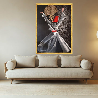 Whirling Dervish Dance Canvas, Sufi Spiritual Art, Islamic Calligraphy Wall Art, Mystical Movement Painting