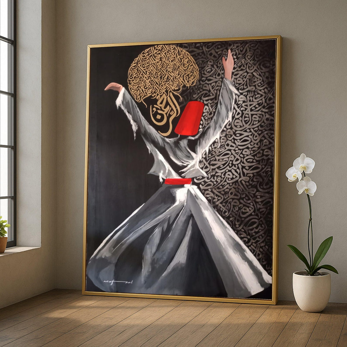 Whirling Dervish Dance Canvas, Sufi Spiritual Art, Islamic Calligraphy Wall Art, Mystical Movement Painting