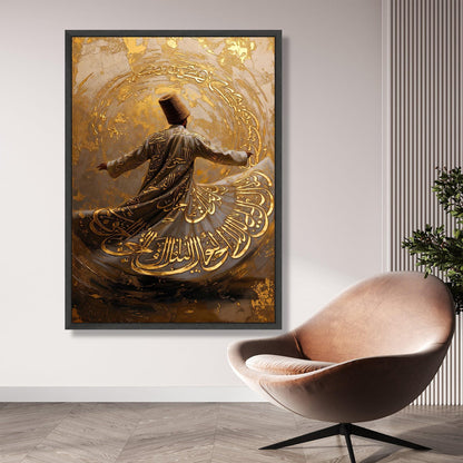 Whirling Dervish Dance Canvas, Golden Arabic Calligraphy Art, Spiritual Sufi Wall Decor