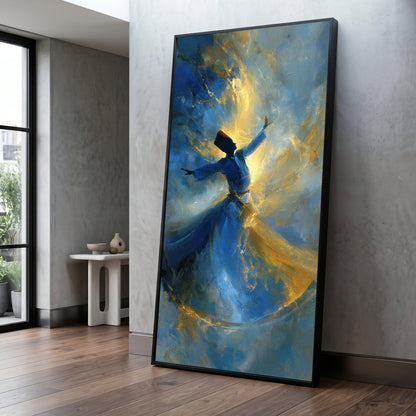 Whirling Dervish Dance Canvas, Blue Gold Abstract Sufi Art, Mystical Wall Décor