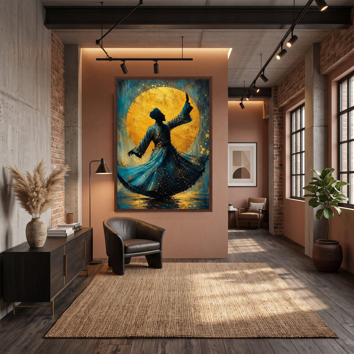 Whirling Dervish Dance Canvas, Mystical Sufi Silhouette Art, Golden Circle Background