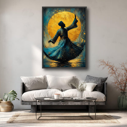 Whirling Dervish Dance Canvas, Mystical Sufi Silhouette Art, Golden Circle Background