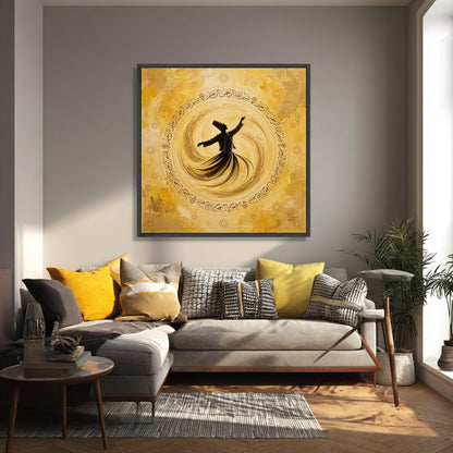 Whirling Dervish Yellow Silhouette Canvas, Islamic Calligraphy, Sufi Mystic Art