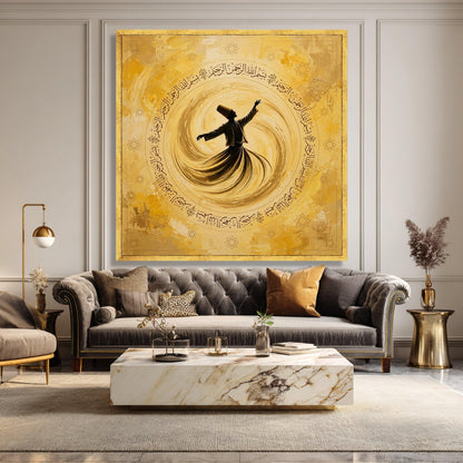 Whirling Dervish Yellow Silhouette Canvas, Islamic Calligraphy, Sufi Mystic Art
