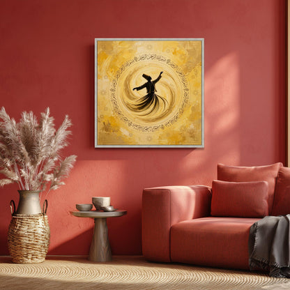 Whirling Dervish Yellow Silhouette Canvas, Islamic Calligraphy, Sufi Mystic Art