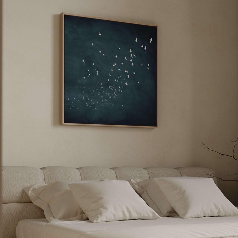 Flock of Flying Birds, Vintage Blue Birds Canvas Wall Art