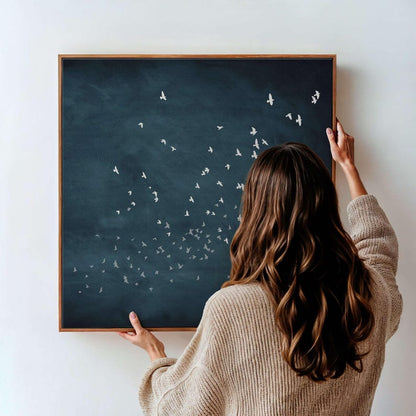 Flock of Flying Birds, Vintage Blue Birds Canvas Wall Art