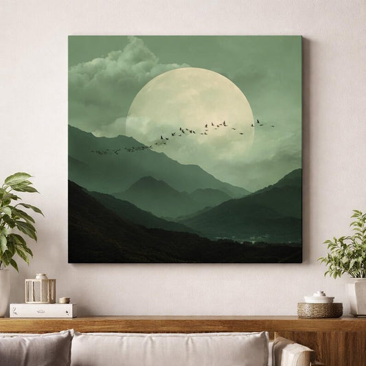Giant Moon with flock of birds