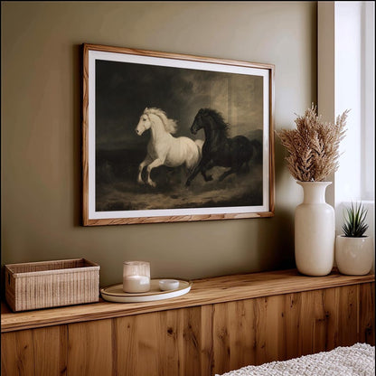 Majestic Black and White Horses Running in Storm