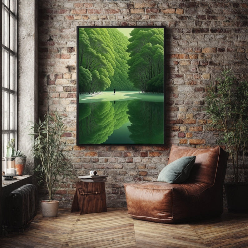 Tranquil Forest Green Trees Reflection Canvas Wall Art