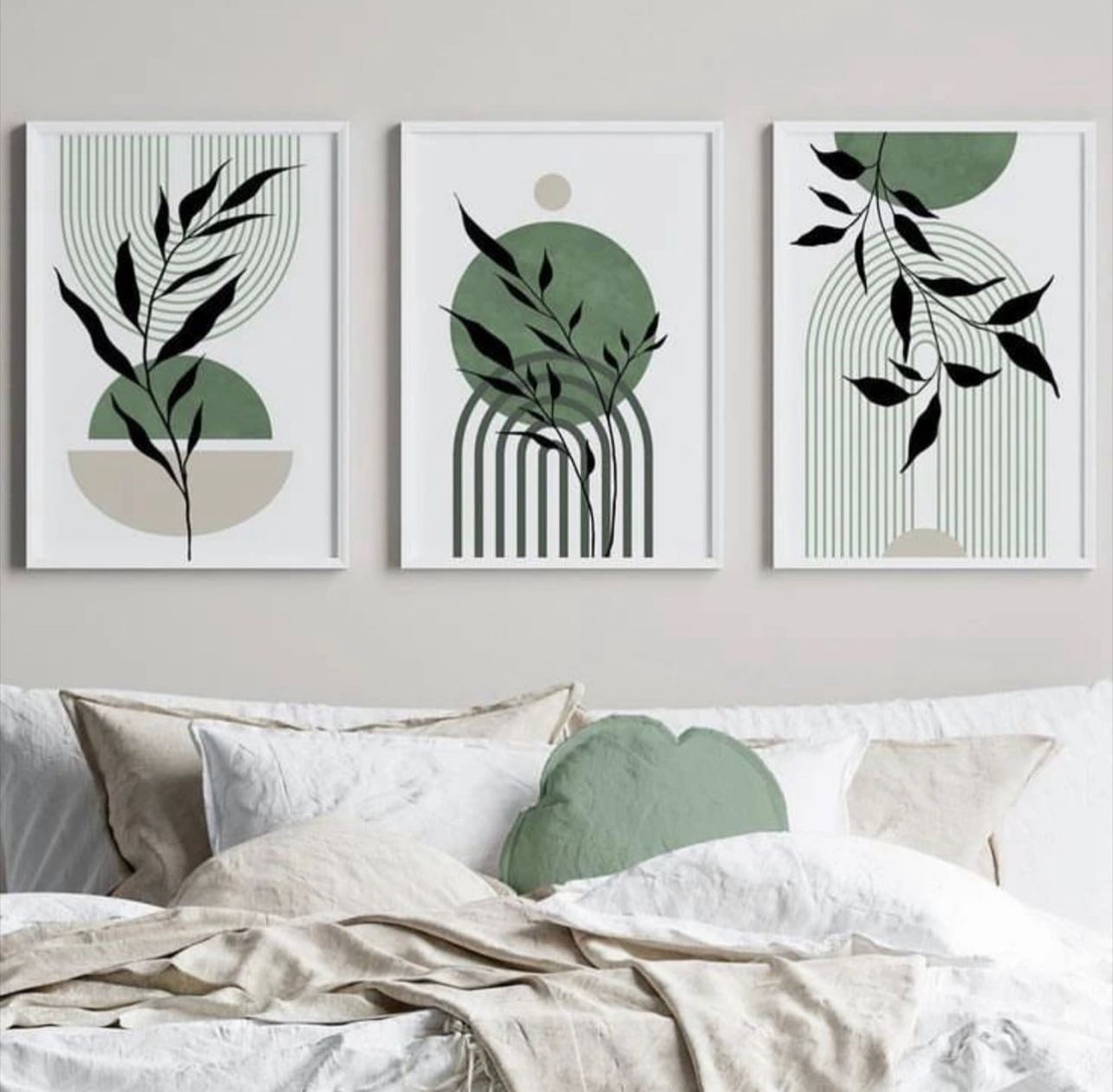 GREEN WHITE LEAVES – 3 PANEL SET – FLORAL WALL ART