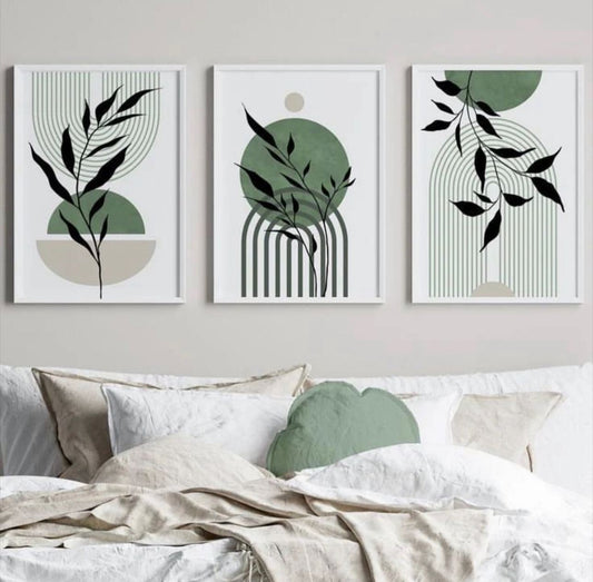 GREEN WHITE LEAVES – 3 PANEL SET – FLORAL WALL ART