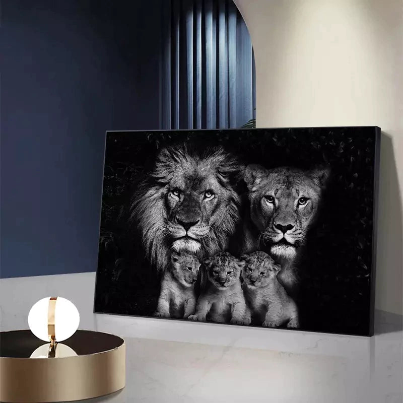 Decorative Frame Black and White Lion Family