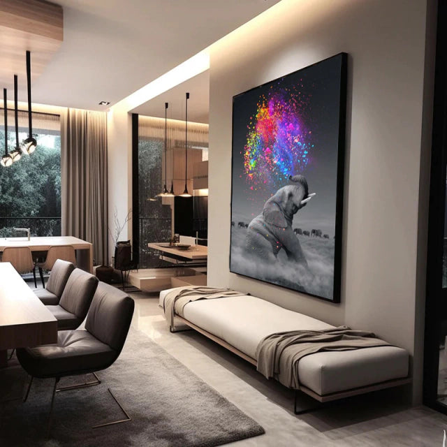 Gray Elephant Painting Rain of Colors